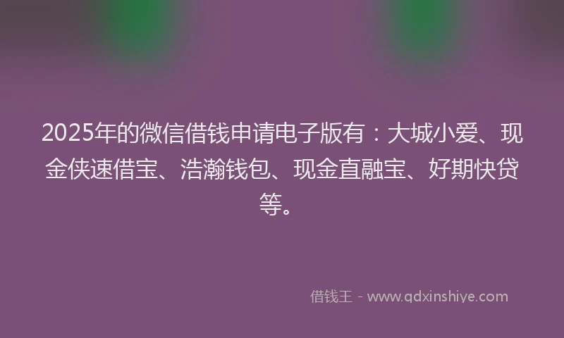 2025年的微信借钱申请电子版有：大城小爱、现金侠速借宝、浩瀚钱包、现金直融宝、好期快贷等。
