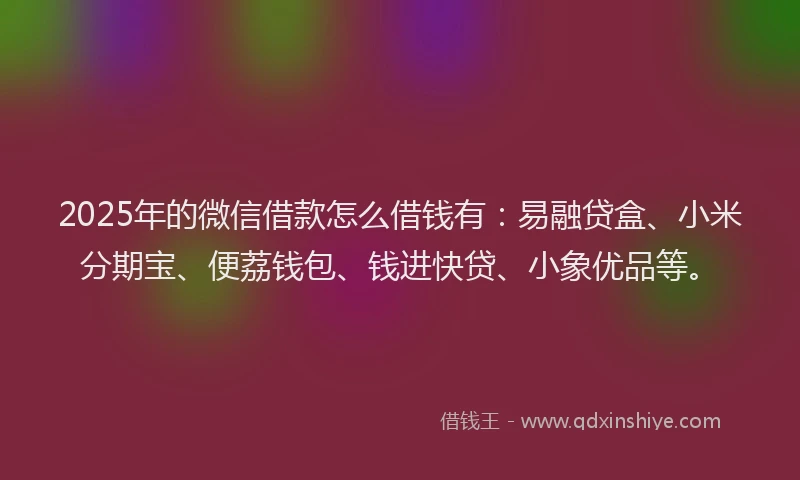 2025年的微信借款怎么借钱有：易融贷盒、小米分期宝、便荔钱包、钱进快贷、小象优品等。