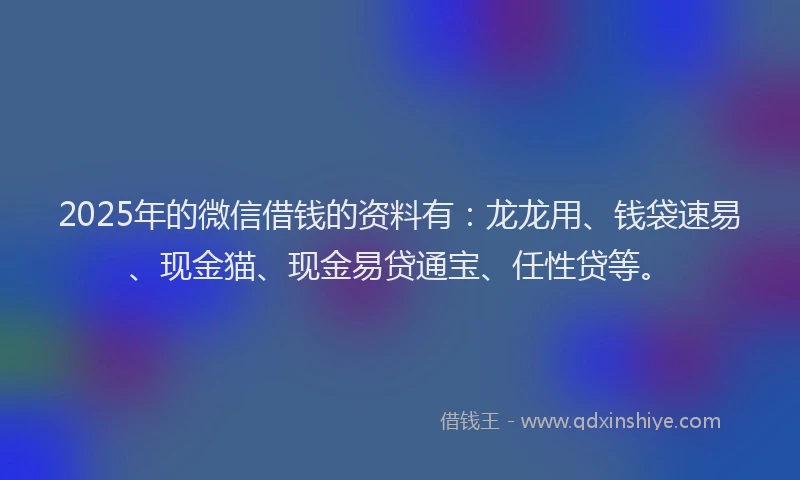 2025年的微信借钱的资料有：龙龙用、钱袋速易、现金猫、现金易贷通宝、任性贷等。