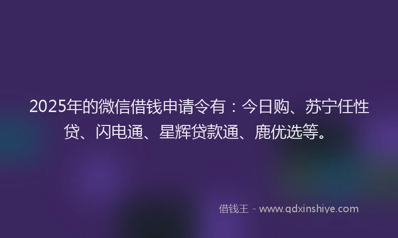 2025年的微信借钱申请令有：今日购、苏宁任性贷、闪电通、星辉贷款通、鹿优选等。