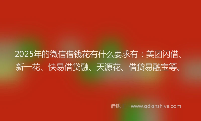 2025年的微信借钱花有什么要求有：美团闪借、新一花、快易借贷融、天源花、借贷易融宝等。