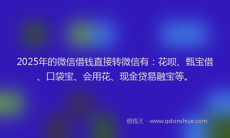 2025年的微信借钱直接转微信有：花呗、甄宝借、口袋宝、会用花、现金贷易融宝等。