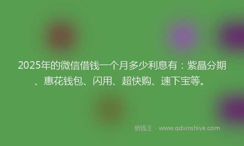 2025年的微信借钱一个月多少利息有：紫晶分期、惠花钱包、闪用、超快购、速下宝等。