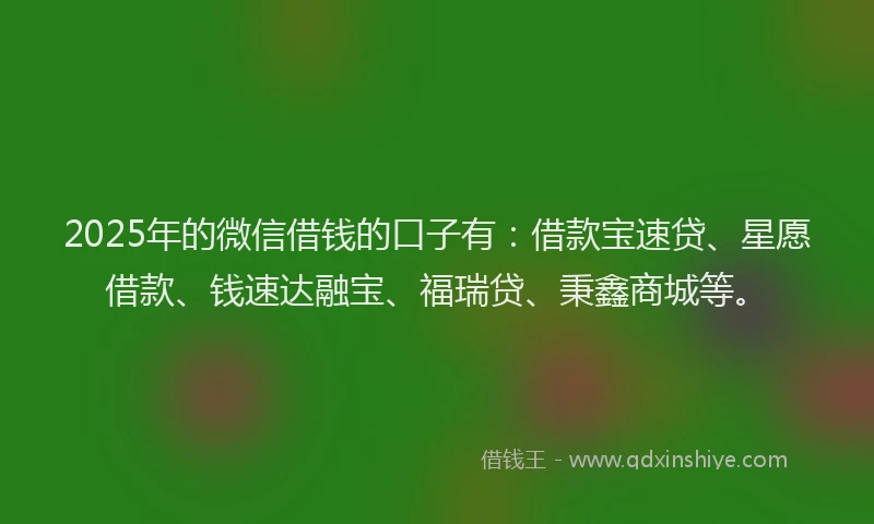 2025年的微信借钱的口子有：借款宝速贷、星愿借款、钱速达融宝、福瑞贷、秉鑫商城等。