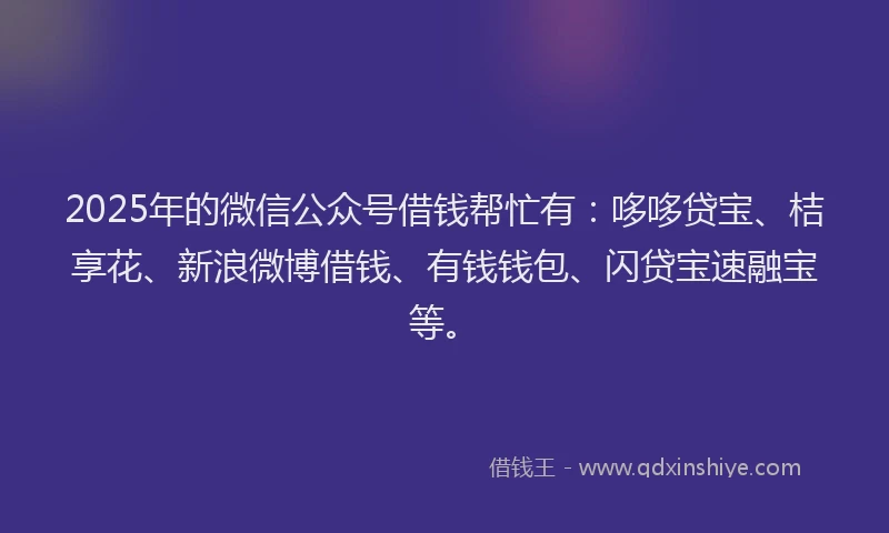 2025年的微信公众号借钱帮忙有：哆哆贷宝、桔享花、新浪微博借钱、有钱钱包、闪贷宝速融宝等。