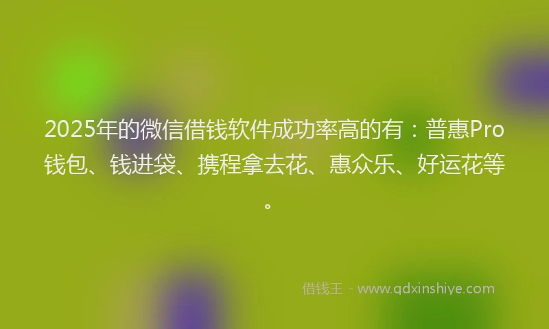 2025年的微信借钱软件成功率高的有：普惠Pro钱包、钱进袋、携程拿去花、惠众乐、好运花等。