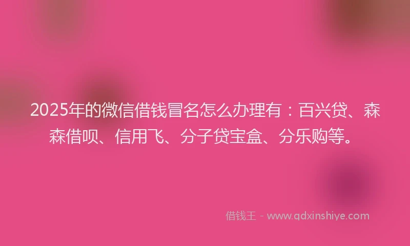 2025年的微信借钱冒名怎么办理有：百兴贷、森森借呗、信用飞、分子贷宝盒、分乐购等。