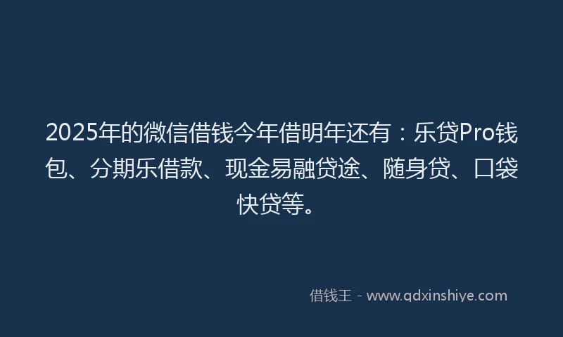 2025年的微信借钱今年借明年还有：乐贷Pro钱包、分期乐借款、现金易融贷途、随身贷、口袋快贷等。