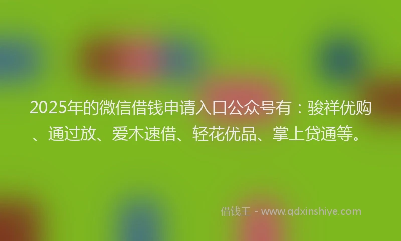 2025年的微信借钱申请入口公众号有：骏祥优购、通过放、爱木速借、轻花优品、掌上贷通等。
