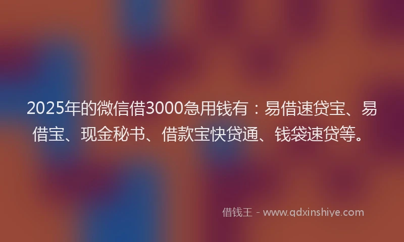2025年的微信借3000急用钱有：易借速贷宝、易借宝、现金秘书、借款宝快贷通、钱袋速贷等。