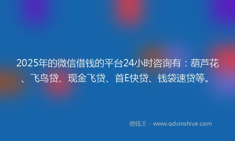 2025年的微信借钱的平台24小时咨询有：葫芦花、飞鸟贷、现金飞贷、首E快贷、钱袋速贷等。