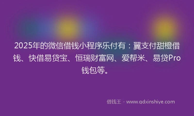 2025年的微信借钱小程序乐付有：翼支付甜橙借钱、快借易贷宝、恒瑞财富网、爱帮米、易贷Pro钱包等。
