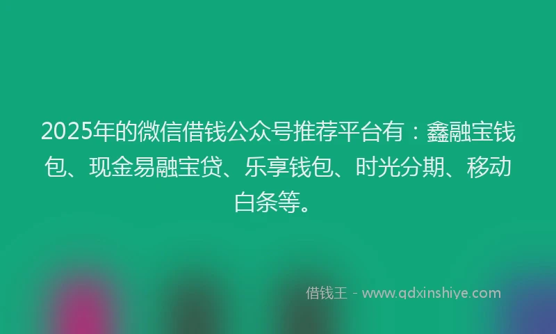 2025年的微信借钱公众号推荐平台有：鑫融宝钱包、现金易融宝贷、乐享钱包、时光分期、移动白条等。