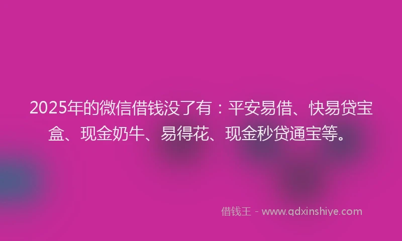 2025年的微信借钱没了有：平安易借、快易贷宝盒、现金奶牛、易得花、现金秒贷通宝等。