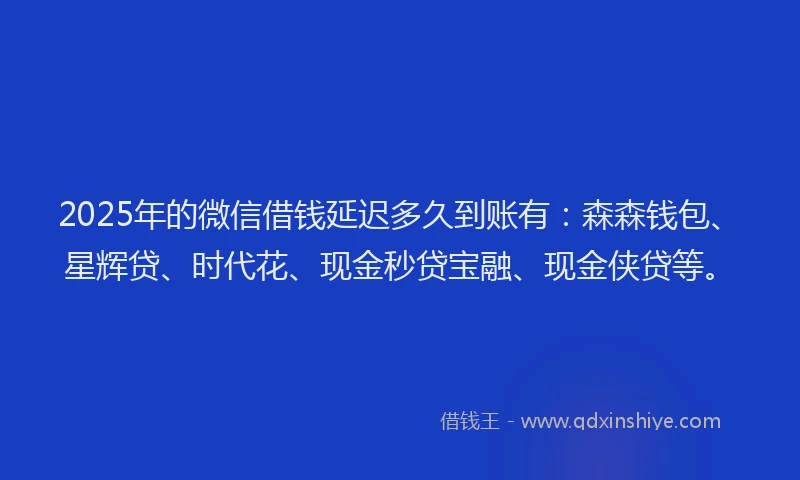 2025年的微信借钱延迟多久到账有：森森钱包、星辉贷、时代花、现金秒贷宝融、现金侠贷等。