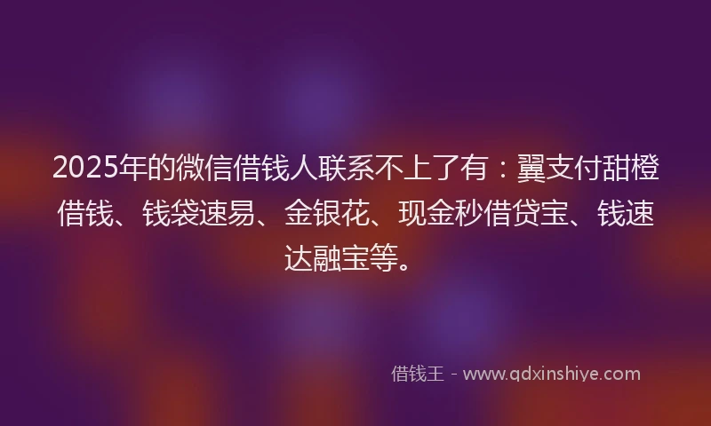 2025年的微信借钱人联系不上了有：翼支付甜橙借钱、钱袋速易、金银花、现金秒借贷宝、钱速达融宝等。