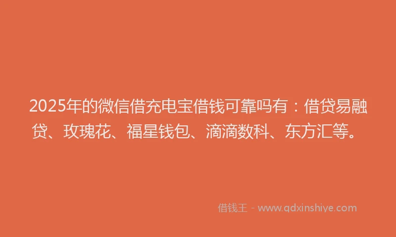 2025年的微信借充电宝借钱可靠吗有：借贷易融贷、玫瑰花、福星钱包、滴滴数科、东方汇等。