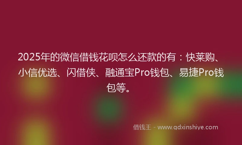 2025年的微信借钱花呗怎么还款的有：快莱购、小信优选、闪借侠、融通宝Pro钱包、易捷Pro钱包等。