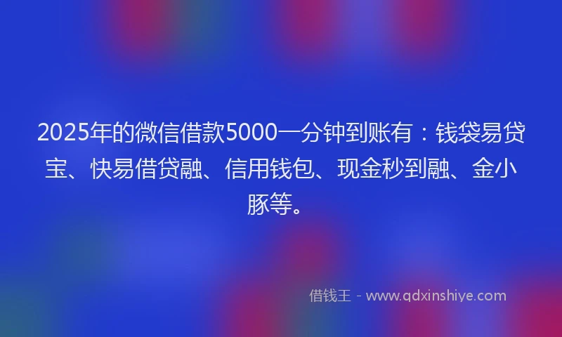 2025年的微信借款5000一分钟到账有：钱袋易贷宝、快易借贷融、信用钱包、现金秒到融、金小豚等。