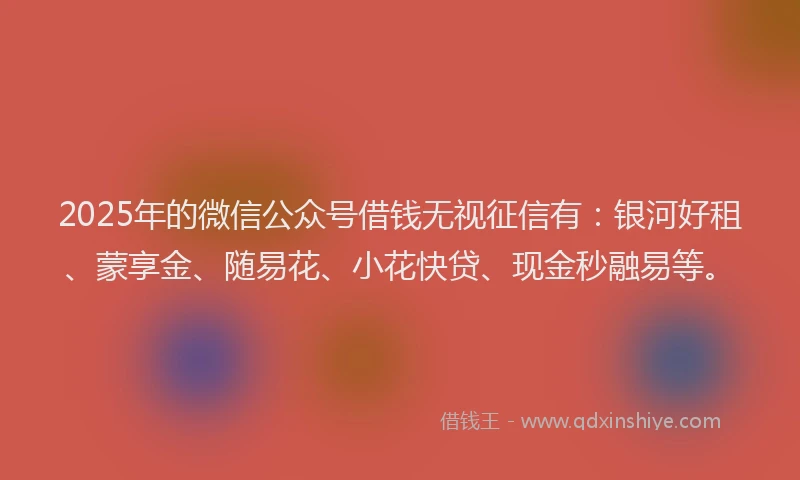 2025年的微信公众号借钱无视征信有：银河好租、蒙享金、随易花、小花快贷、现金秒融易等。