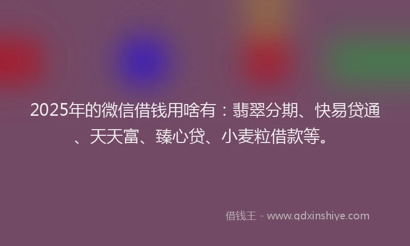 2025年的微信借钱用啥有：翡翠分期、快易贷通、天天富、臻心贷、小麦粒借款等。