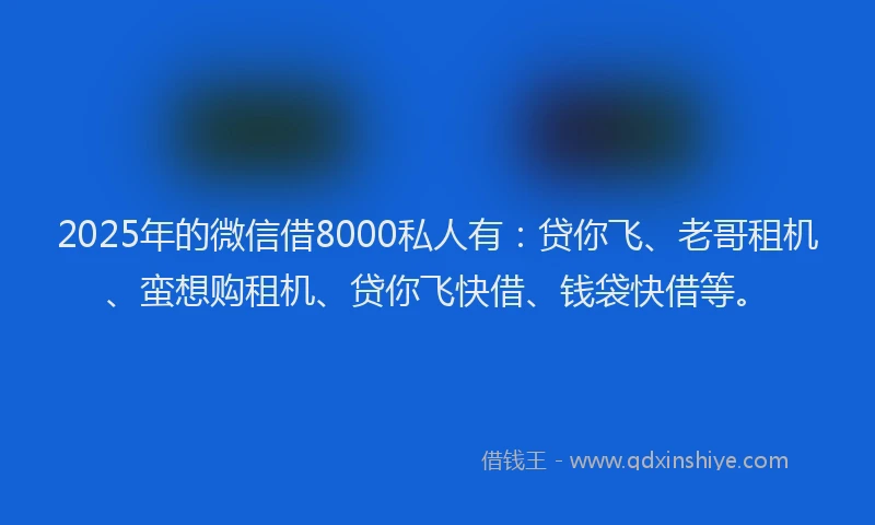 2025年的微信借8000私人有：贷你飞、老哥租机、蛮想购租机、贷你飞快借、钱袋快借等。