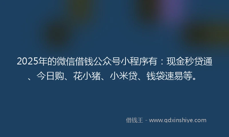 2025年的微信借钱公众号小程序有：现金秒贷通、今日购、花小猪、小米贷、钱袋速易等。
