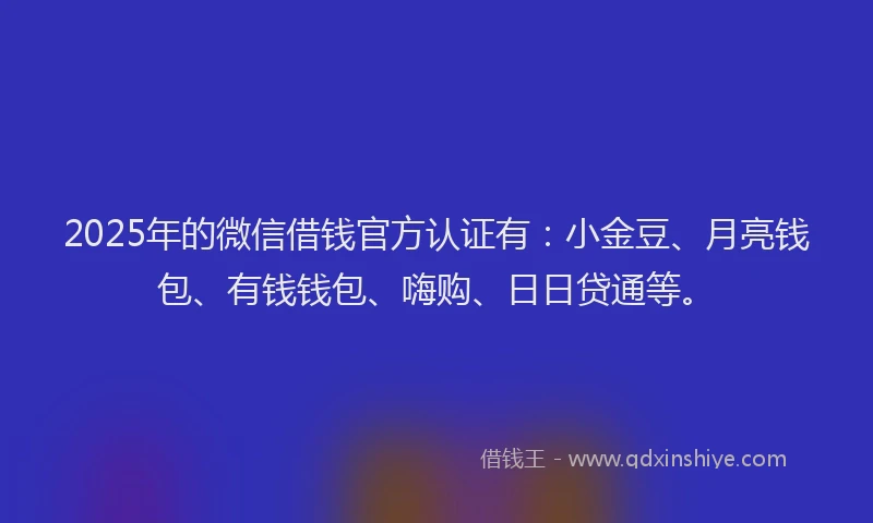 2025年的微信借钱官方认证有：小金豆、月亮钱包、有钱钱包、嗨购、日日贷通等。