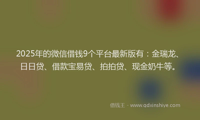 2025年的微信借钱9个平台最新版有：金瑞龙、日日贷、借款宝易贷、拍拍贷、现金奶牛等。