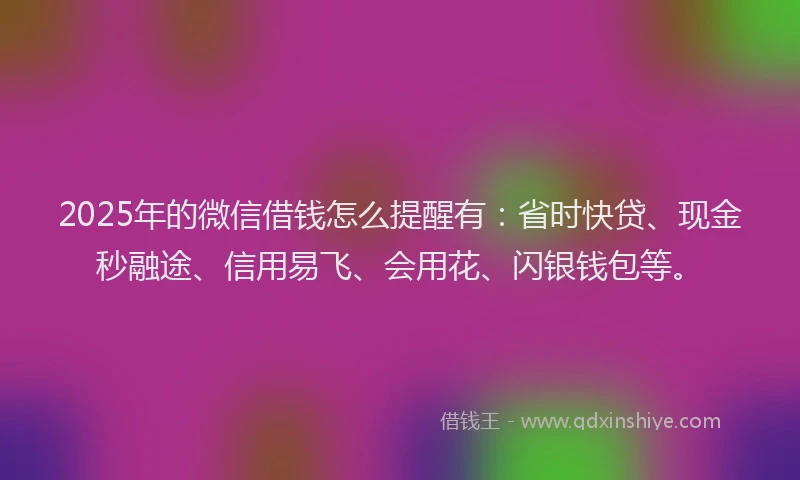2025年的微信借钱怎么提醒有：省时快贷、现金秒融途、信用易飞、会用花、闪银钱包等。