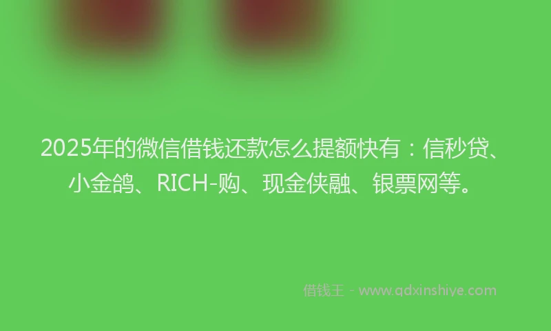 2025年的微信借钱还款怎么提额快有：信秒贷、小金鸽、RICH-购、现金侠融、银票网等。