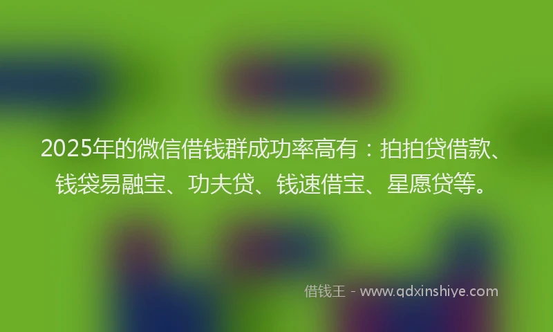 2025年的微信借钱群成功率高有：拍拍贷借款、钱袋易融宝、功夫贷、钱速借宝、星愿贷等。