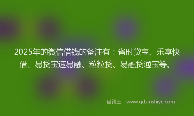 2025年的微信借钱的备注有：省时贷宝、乐享快借、易贷宝速易融、粒粒贷、易融贷通宝等。