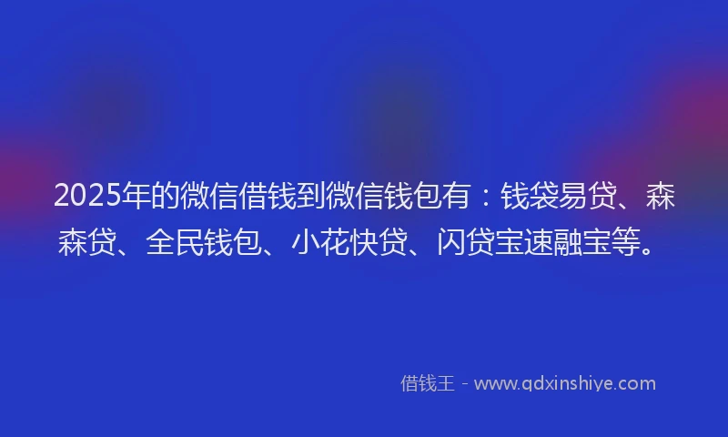 2025年的微信借钱到微信钱包有：钱袋易贷、森森贷、全民钱包、小花快贷、闪贷宝速融宝等。
