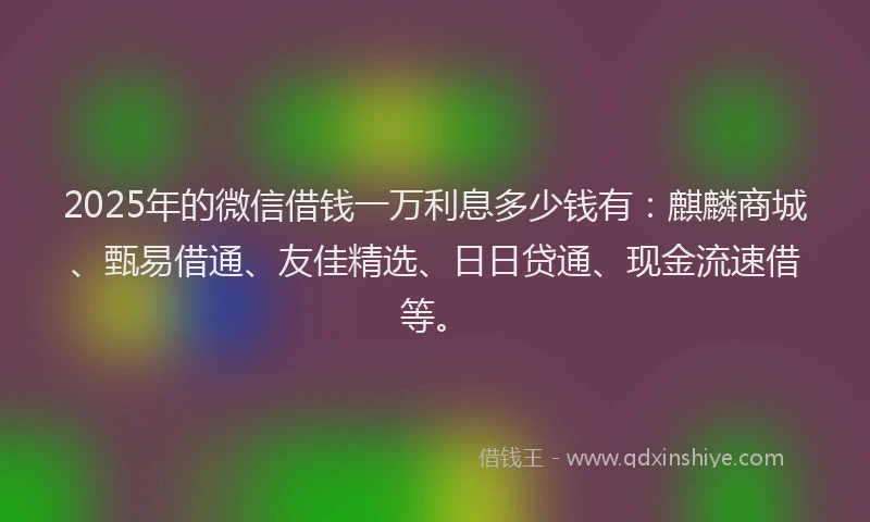 2025年的微信借钱一万利息多少钱有：麒麟商城、甄易借通、友佳精选、日日贷通、现金流速借等。