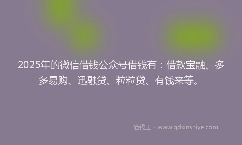 2025年的微信借钱公众号借钱有：借款宝融、多多易购、迅融贷、粒粒贷、有钱来等。