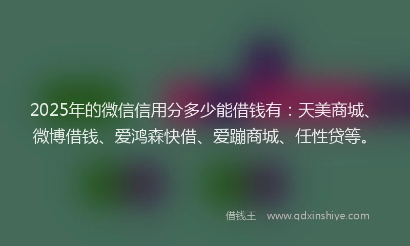 2025年的微信信用分多少能借钱有：天美商城、微博借钱、爱鸿森快借、爱蹦商城、任性贷等。