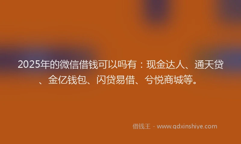2025年的微信借钱可以吗有：现金达人、通天贷、金亿钱包、闪贷易借、兮悦商城等。