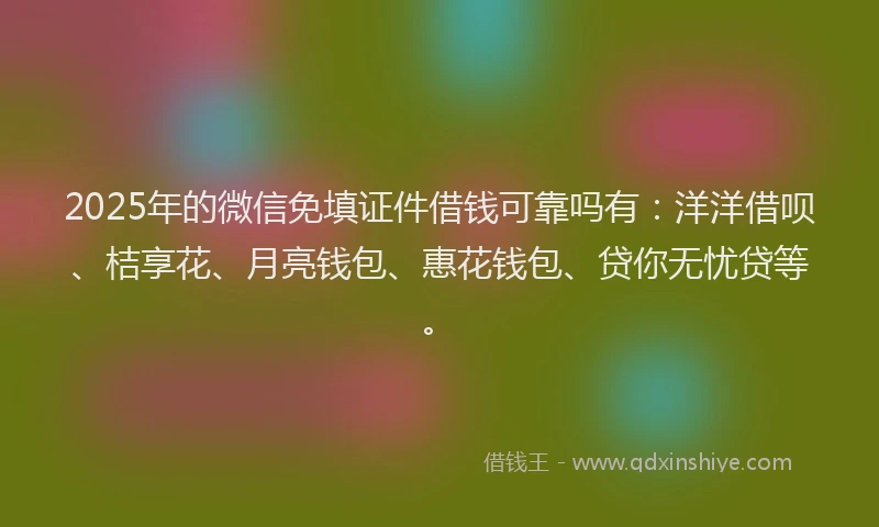 2025年的微信免填证件借钱可靠吗有：洋洋借呗、桔享花、月亮钱包、惠花钱包、贷你无忧贷等。