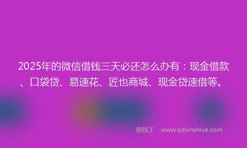 2025年的微信借钱三天必还怎么办有：现金借款、口袋贷、易速花、匠也商城、现金贷速借等。