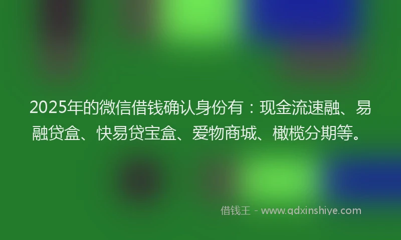 2025年的微信借钱确认身份有：现金流速融、易融贷盒、快易贷宝盒、爱物商城、橄榄分期等。
