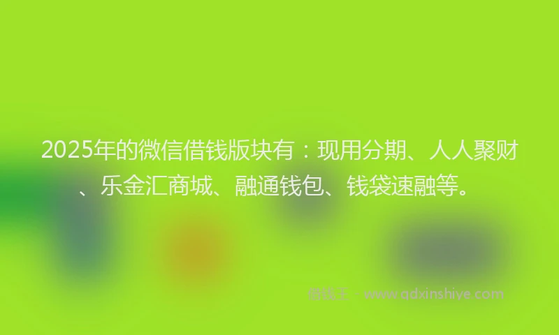 2025年的微信借钱版块有：现用分期、人人聚财、乐金汇商城、融通钱包、钱袋速融等。