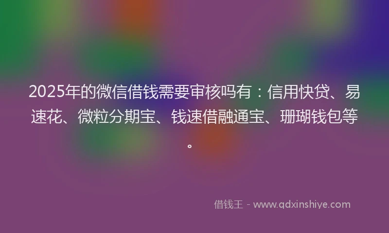 2025年的微信借钱需要审核吗有：信用快贷、易速花、微粒分期宝、钱速借融通宝、珊瑚钱包等。