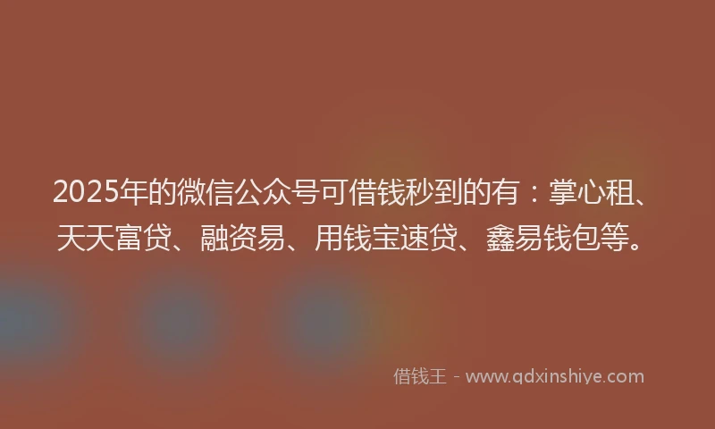 2025年的微信公众号可借钱秒到的有：掌心租、天天富贷、融资易、用钱宝速贷、鑫易钱包等。