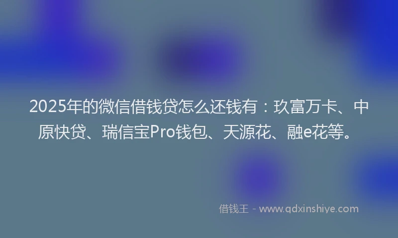 2025年的微信借钱贷怎么还钱有：玖富万卡、中原快贷、瑞信宝Pro钱包、天源花、融e花等。