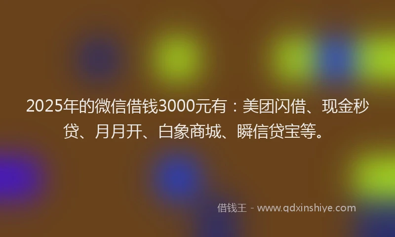 2025年的微信借钱3000元有：美团闪借、现金秒贷、月月开、白象商城、瞬信贷宝等。