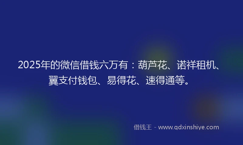 2025年的微信借钱六万有：葫芦花、诺祥租机、翼支付钱包、易得花、速得通等。