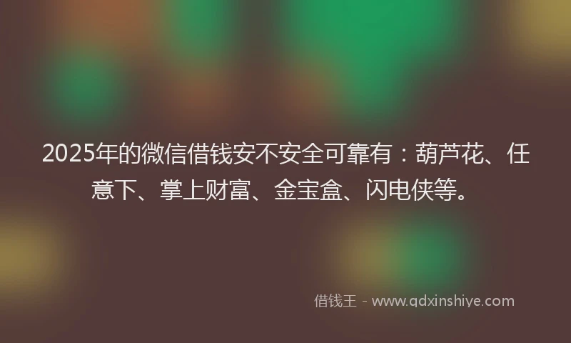 2025年的微信借钱安不安全可靠有：葫芦花、任意下、掌上财富、金宝盒、闪电侠等。