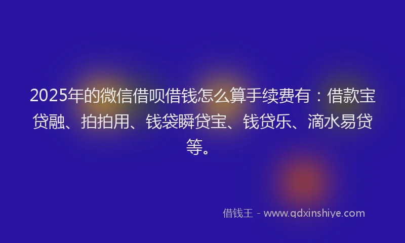2025年的微信借呗借钱怎么算手续费有：借款宝贷融、拍拍用、钱袋瞬贷宝、钱贷乐、滴水易贷等。