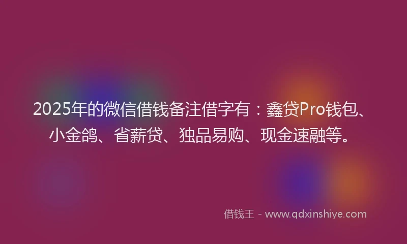 2025年的微信借钱备注借字有：鑫贷Pro钱包、小金鸽、省薪贷、独品易购、现金速融等。